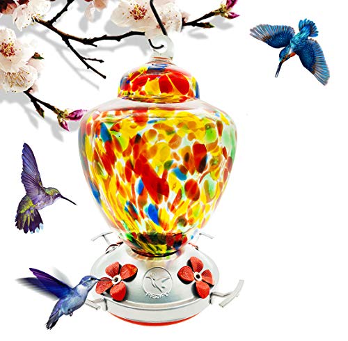 Hummingbird Feeder with Perch - Hand Blown Glass - Colored - 38 Fluid Ounces Hummingbird Nectar Capacity Include Hanging Wires and Moat Hook