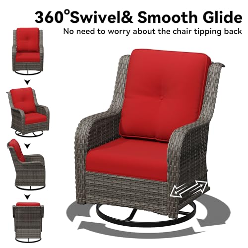 Image of 4 Piece Outdoor Swivel Rocker Patio Chairs Set, Patio Chairs Set of 4 with Thickened Olefin Cushions, High Back and Deep Seating, Hand-Woven PE Rattan for Porch, Deck, Red
