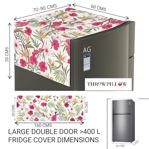 Image of WWW.THROWPILLOW.IN Fridge Top Cover with Tassels for Double Door 400+L | Large Size Dustproof Refrigerator Cover | Corner Tassels | Floral Print | Double Door Fridge Cover Top Mat