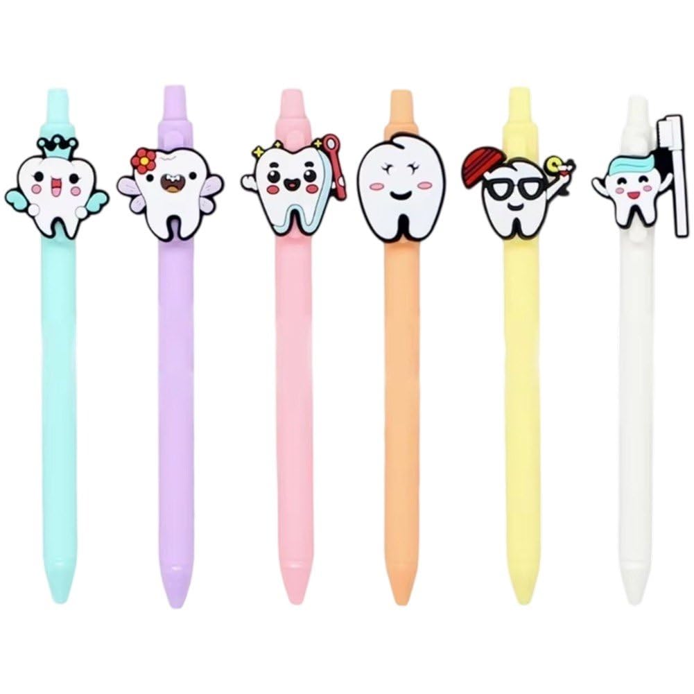 Ppmter Multicolored 6 Pcs Cute Tooth Ballpoint Pens, Retractable Ballpoint Pens Writing Pen Gift For Nurse Doctor School Office Supplies
