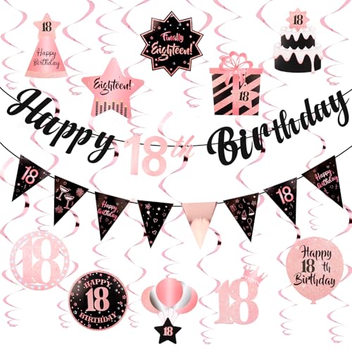 Image of 18th Birthday Decorations for Girls Rose Gold Pink Pre Strung Happy 18th Birthday Banner and Hanging Swirls 18 Year Old Party Decorations Supplies