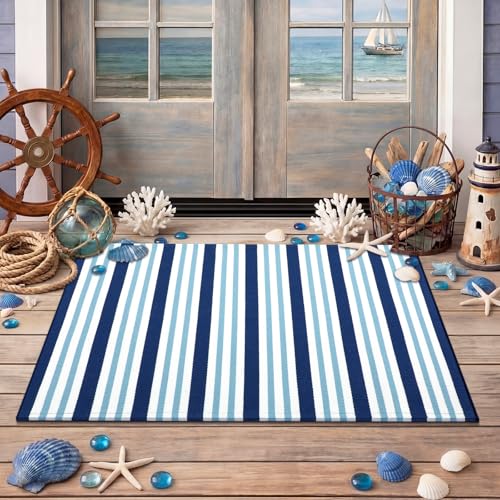 Moucuny Navy White and Blue Striped Rug, 2' x 3' Coastal Navigation Theme Summer Rug Outdoor Front Porch Door Mat Welcome Layering Rustic Washable Doormat for Entryway Farmhouse Decor