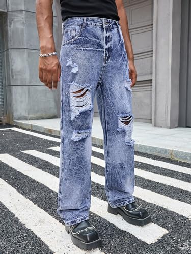 DISLANBO Mens Ripped Jeans Relaxed Fit Straight Leg Y2K Denim Pants Hip hop Streetwear Trousers Aqua Blue — view 5