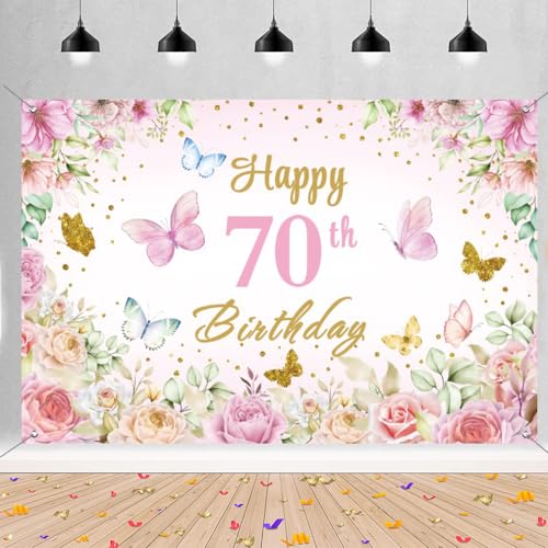 70th Birthday Decoration for Women, Happy 70th Birthday Banner Flowers Fabric Sign Poster Door Decoration, 70 Years Old Birthday Background Banner, Birthday Party Welcome Sign by Tecreo - Used condition - CA$11.87
