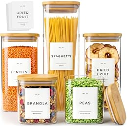 Glass Pantry Storage Jars Containers with Bamboo Lids and Labels - Set of 5
