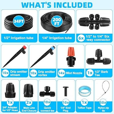 234FT Drip Irrigation System - Garden Watering System with Adjustable Three Spray Patterns with 1/2 Main Tube and 1/4 PE Distribution Tubing for Plants in Gardens, Raised Beds, Greenhouses, Lawns