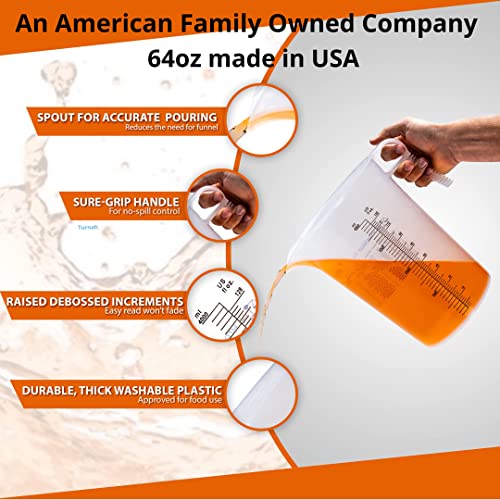 Half Gallon 64Oz (2 Quart) Measure Pitcher- Convenient Conversion Chart-Strong Food Grade - Great For Lawn, Pool And Spa Chemicals, Ag, Home Hobbies, Lye, Cooking, Shop Motor Oil And Fluids By Turnah #TOP2