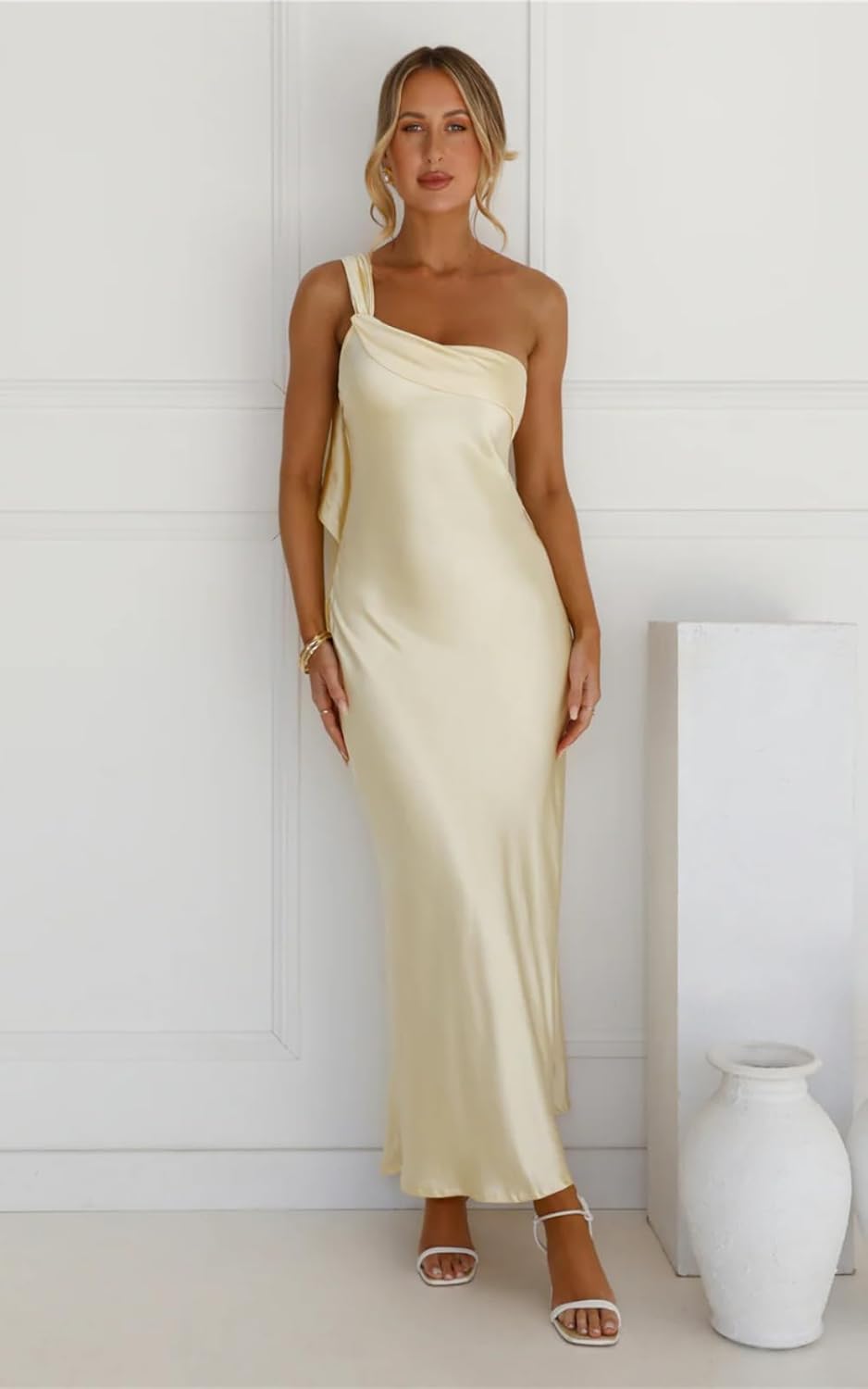 One Shoulder Wedding Guest Dress Fall Satin Midi Dress Bridesmaid Dresses Ruffle Ankle Length Formal Party Gowns