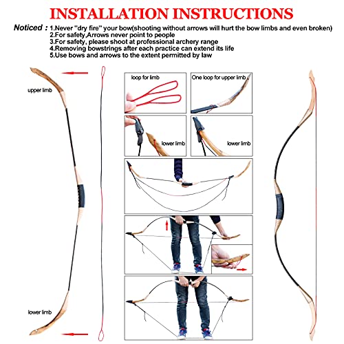 D&Q Traditional Recurve 53" Longbow Of 30-50Lbs With 6 Wooden Arrows For Adults, Handmade Archery Hunting Horse Bow Of Left Right Hand (30Lb) #TOP6