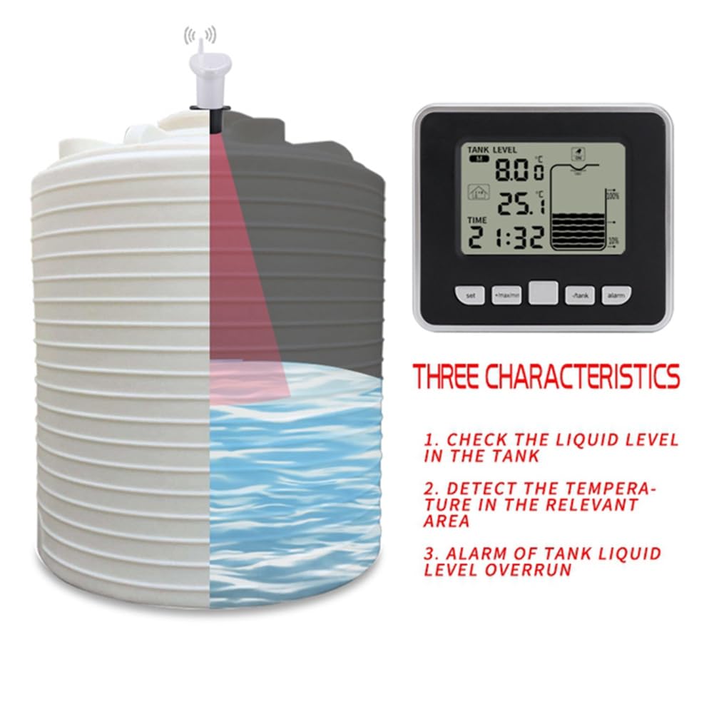 Kabelloser Ultraschall-Wassertank Flüssigkeitsstandsmessgerät Wasserstandsmessgerät Zeitanzeige Batteriestandsanzeige + Temperatursensor