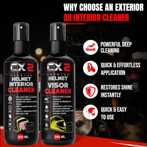 Image of CX2 Helmet Care Kit 2-in-1 - Helmet Visor Cleaner & Interior Cleaner Spray (200ml Each) | Anti-Bacterial, Anti-Odour, Quick Dry Formula | Removes Dirt, Sweat & Smell | Suitable for All Bike Helmets