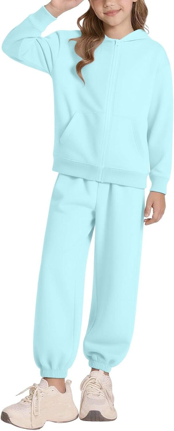 Girls 2 Piece Outfit Drop Shoulder Zip up Hoodies and Sweatpants Clothing Sets with Pockets Boys Tracksuit Fleece Sweatsuits