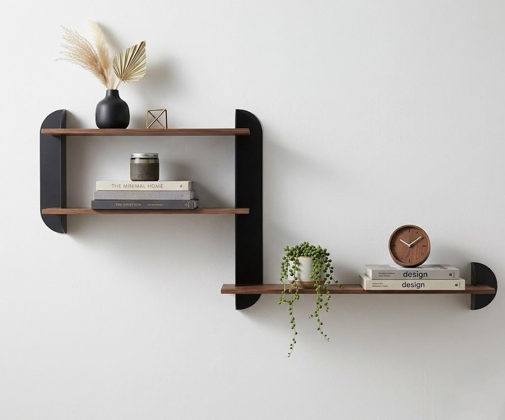 Modern Floating Wall Shelves – 3-Tier Display Shelf with Dark Wood Planks and Curved Black Brackets, Minimalist Hanging Bookshelf for Living Room, Bedroom, Office -Matt Black-image-37