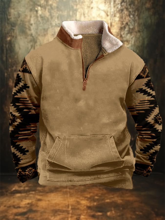 Men Western Fleece Jacket Aztec Cowboy Fleece Pullover Vintage Graphic Jacket Casual Long Sleeve Pullover with Pocket2