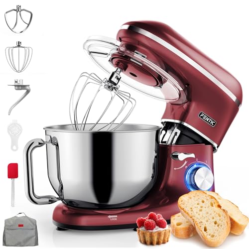 Fentic Robot Pâtissier - 2000W - Bol mélangeur en acier inoxydable (6,2L) - Avec fouet, Crochet pétrisseur et Batteur plat - Incl. Housse de protection et accessoires supplémentaires - Rouge