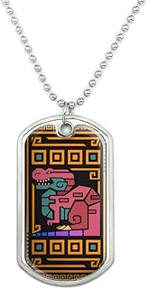 GRAPHICS & MORE Geometric Tyrannosaurus Rex Dinosaur Aztec Mayan Style Military Dog Tag Pendant Necklace with Chain