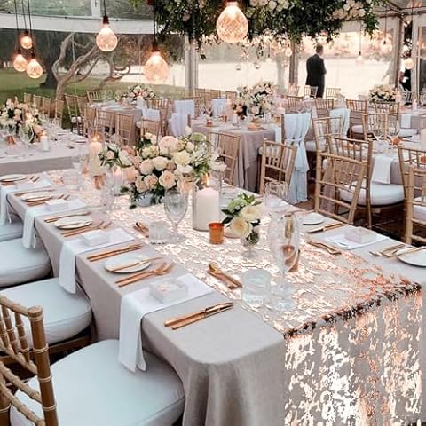 tiosggd Rose Gold Sequin Table Runner 11'' x 300'', 25 feet Metallic Glitter Foil Mesh Table Runner Roll for Wedding Birthday, Bridal Baby Shower, Rose Gold Valentines Day Party Decorations Cover
