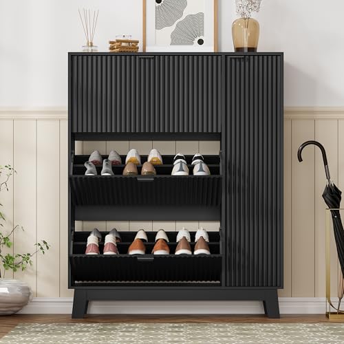 Image of Shoe Cabinet Storage for Entryway with 3 Flip Drawers & Side Cabinet, Fluted Narrow Shoe Organizer with Wooden Leg, Freestanding Shoe Storage Hidden Shoe Rack Organizer for Front Door Entrance, Black