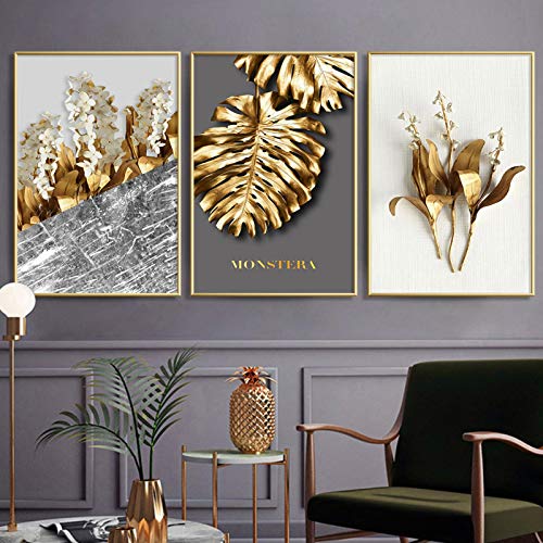 Feuilles florales dorées en tableau abstrait pour créer un salon chaleureux