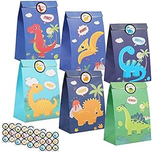 Hukermoon Dinosaurus papieren zakjes, 24 stuks papieren cadeauzakjes, dinosaurussnoepzakjes voor 36 dinosaurusstickers…