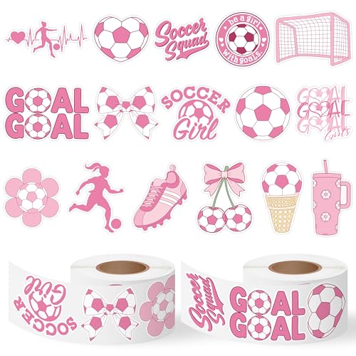 Image of Pink Soccer Stickers Roll - 16 Designs Premium Waterproof Vinyl Football Self Adhesive Decals for Girls Women Team Water Bottle Laptop Scrapbook Party Favors Gift