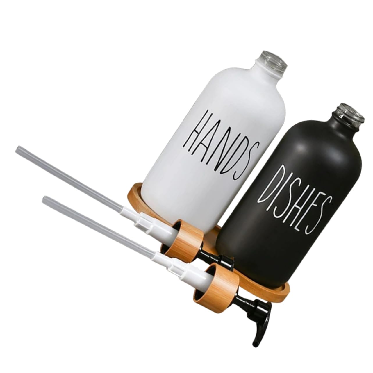 Mikikit Dispensador de Jabón de Vidrio con Bomba, Recargable y Resistente a Fugas, con Bandeja de Madera para Baño y Cocina,