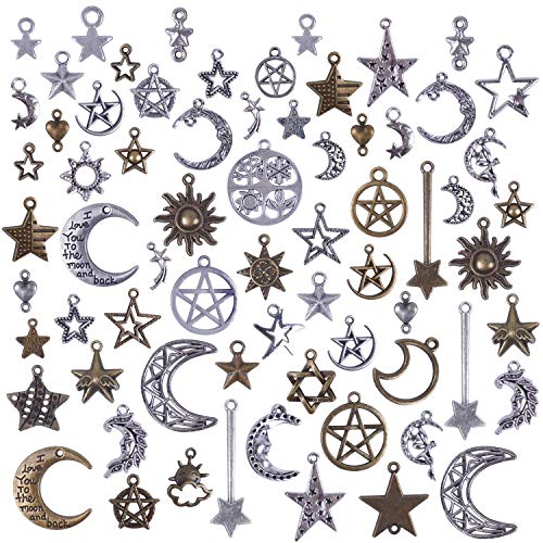 BronaGrand 100 Gramme Pendentifs Breloques Mixtes Antique, Étoile, Soleil et Lune Motif pour DIY Collier, Bracelet, la fabrication de bijoux et l'artisanat (Bronzé et Argent) Cover