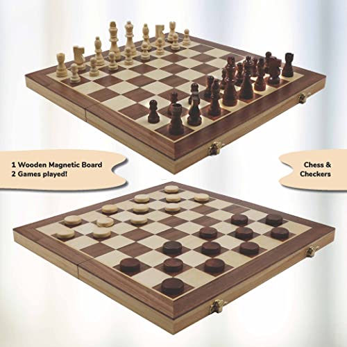 Funshpiel Magnetic Wood Checkers And Chess Set – Premium Handcrafted Chess Board Set With 2 Extra Queens, Chess And Checkers Set For Kids And Adults, Compact And Foldable Design, 15-Inch Board Games #TOP4
