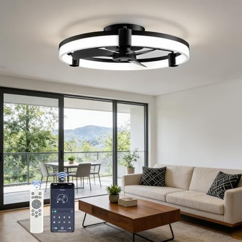 Ceiling Fans with Lights and Remote 50cm Low Profile LED Ceiling Fan Light 6 Speeds Dimmable 3000K-6500K Smart App & Remote Control Reversible DC Motor for Bedroom Living Room Dining Room Black