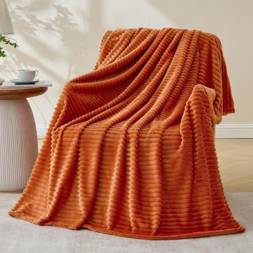 Bnuitland Burnt Orange Fleece Throw Blanket 300GSM Soft Warm Cozy Fluffy Throw for Babys & Pets Stripe Pattern 50x40 All Season Sofa Bed Blanket for Home Decor