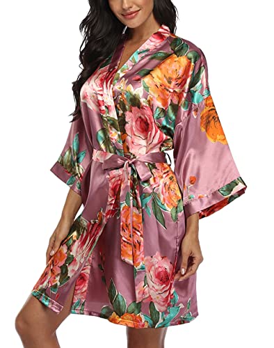 Image of VOGMATE Floral Silk Robes for Women Short Satin Kimono Bride Bridesmaid Robes Bathrobe