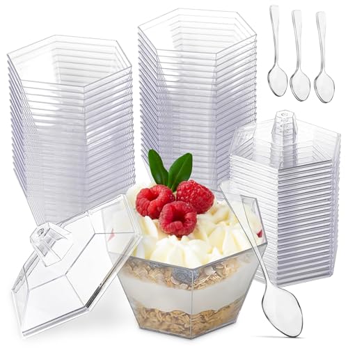 Oasis Creations Hexagonal Mini Bowl-Lids & Spoons Included- 3.3 ounce -40 Count -Clear Plastic - Six Sided - Flower Cup-Dessert Cup- Serving -Snack Bowl-Disposable or Reusable