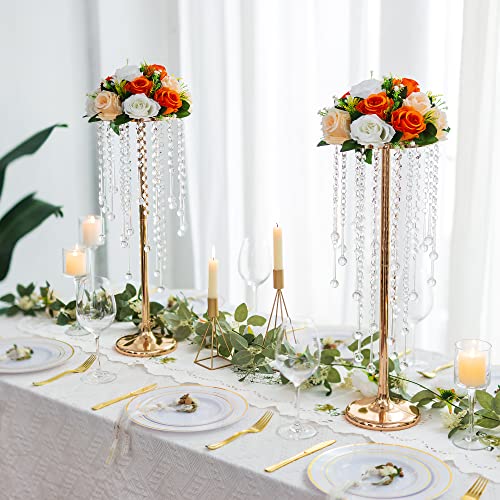 Sziqiqi Flower Centerpieces for Wedding Tables Metal - Tall Vases with Chandelier Crystal Beads for Head Table Gold Flower Stand for Wedding Reception Party Events Road Lead
