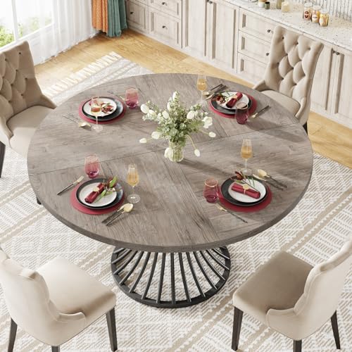 Image of Tribesigns Round Dining Table for 4-6 People, 47-Inch Farmhouse Dinning Room Circle Kitchen Table, Industrial Dinner Table with Metal Base for Kitchen, Living Room, Gray