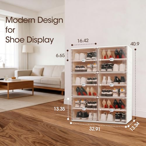 Image of 24 Pairs Shoes Storage Cabinet of 3-Step Fast Installation,Plastic Shoe Box with Clear Magnetic Door for Display, Shoe Organizer for Sneaker, Sandals, Heels (2 Row, 6 Tier)