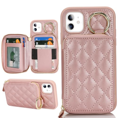 Hamany for iPhone 11 Case Wallet with Card Holder for iPhone 11 Phone case Wallet with Zipper with Slot Kickstand Stand Case for Women and Man 6.1 Inch-Rose Gold