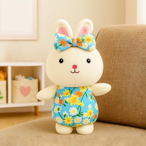 Image of Toyshine 20cm Bunny Soft Toy | Cute Plush Rabbit with Floral Dress & Matching Bow | Ultra Soft Cuddle Toy for Kids Girls Room Decor - Blue