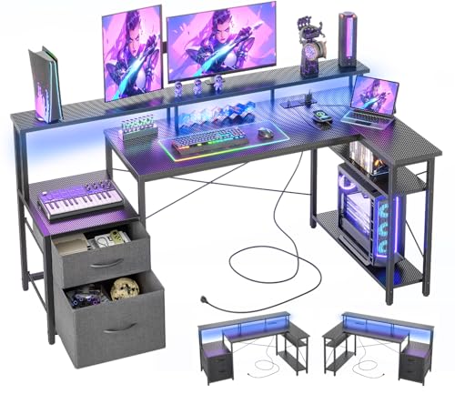 BEXEVUE Escritorio en L con LED y Enchufes, Escritorio Gaming 150x80 cm con 2 Cajones y Estantes Reversibles, Mesa de Ordenador de Esquina con Soporte Grande para Monitor, Negro