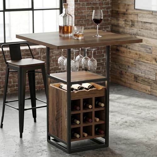 Tribesigns Table de Bar Carrée en Bois, Table Haute Industrielle avec Etagères à Vin et Etagères,Table Cuisine Multifonction avec Rangement-95 cm de Haut,...