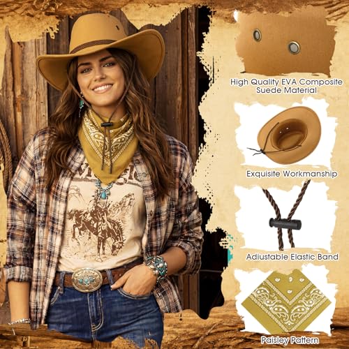 Image of Coume 15 Set Western Cowboy Hat Costume Accessories Paisley Bandanna Cowgirl Hats Bulk for Adult Women Men Dress Party