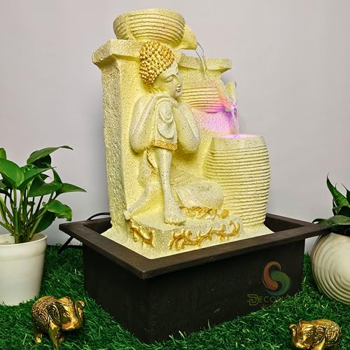 Image of Decorative Table Top Water Fountain for Home Decor /Office /Indoor & Outdoor /Garden /Puja Room /Vaastu with Multicolor LED Light and Adjustable Water Pump (Yellow-D-033)