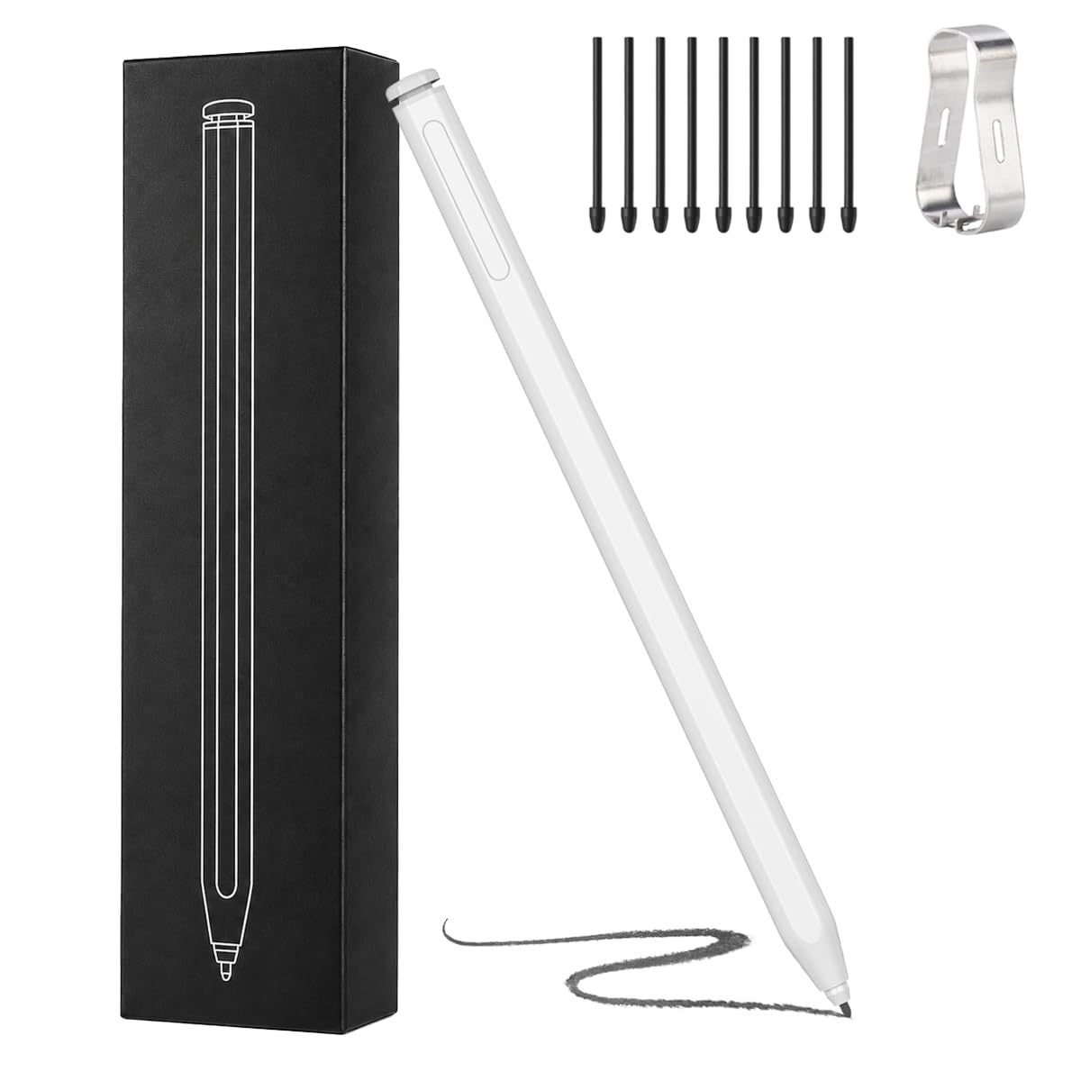 Stylet pour stylo remarquable 2/1, stylo EMR avec gomme à rabat, 4096 niveaux de pression et support d'inclinaison, rejet de paume, attraction magnétique, pas de charge nécessaire, comprend 9 pointes