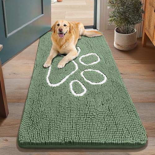 Image of Smiry Dog Door Mat for Muddy Paws, Absorbent Dirt Trapper Non Slip Quick Dry Washable Chenille Mat for Mud Dogs, Entry Rug for Indoor and Outdoor (48x30 Inches, Olive Green and White)