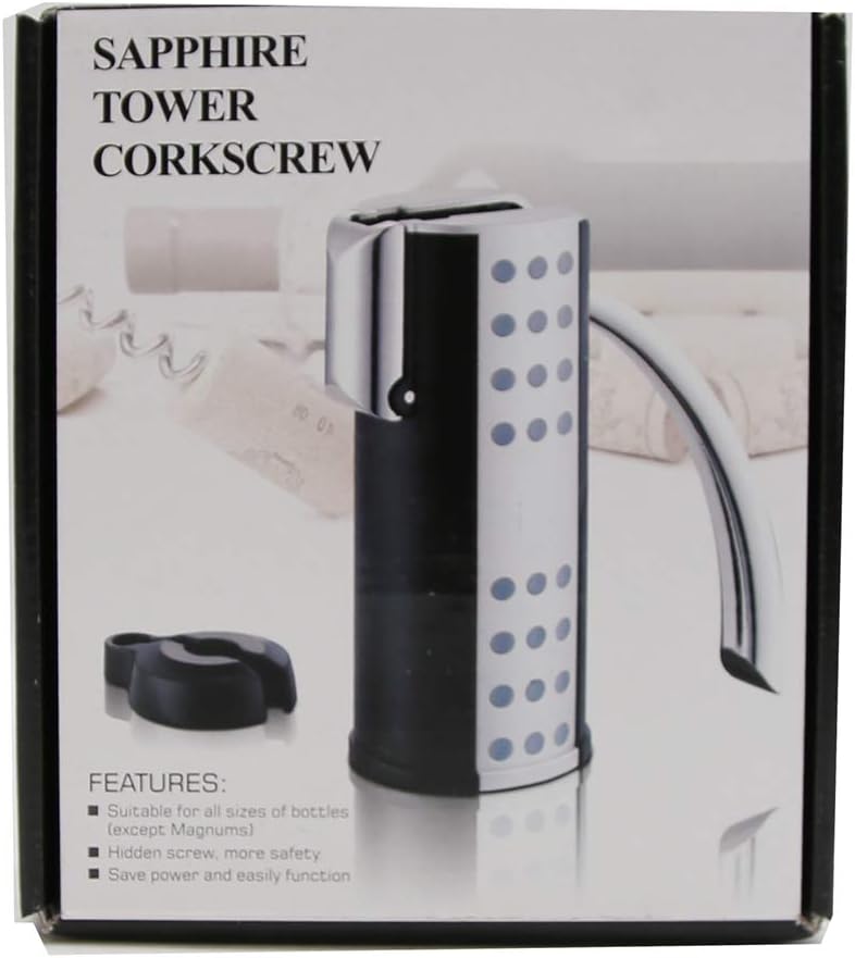 TuscaniH-WL005 Sapphire Heavy Duty Handheld Lever Tower Corkscrew with Foil Cutter and 2 Bonus Drop Stops, 6.7 x 2.5 x 7.4 inches, Black and Stainless Steel