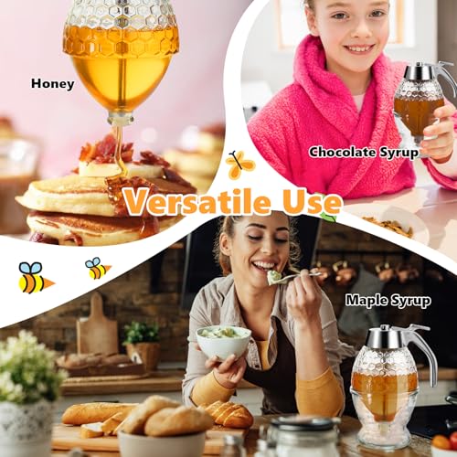 Timtopno Honey Dispenser, Glass Honey Dispenser No Drip, Honey Pot with Stand, 8 oz Honey Jar, Maple Syrup Honey Container, Elegant Honeycomb Design for Home Decor for Any Occasion - Image 5