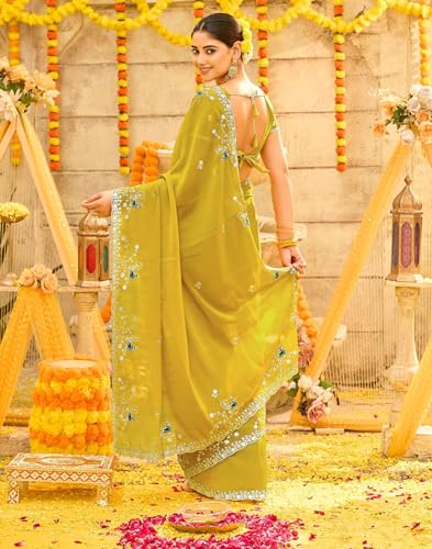 Image of SIRIL Women's Georgette Embroidery Saree With Unstitched Blouse