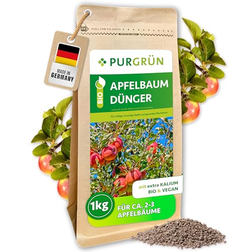 Purgrün® Bio-Apfelbaum-Dünger 1 kg – Vegane Rezeptur – NPK 6+2+7 – Mit Kalium für saftige Äpfel – Verbessert die Bodenqualität – Chloridarm –Einfache Anwendung durch feinkörniges Krümelgranulat