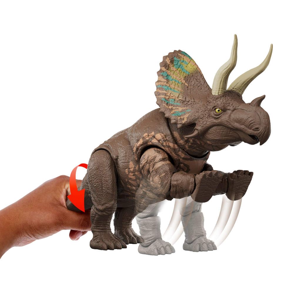 Mattel Jurassic World: Odrodzenie Dinozaur Gigantyczny atak Eotriceratops Figurka dinozaura z 2 atakami aktywowanymi ogonem, zabawka dinozaur dla dzieci, zabawa realna i wirtualna, JGB93