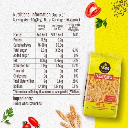 Image of DiSano Fusilli Pasta 400 gm (Pack of 2), Healthy Pasta, Made with 100% Durum Wheat Semolina, 100% Suji, No Maida, Source of Protein & Fibre, Non-Sticky