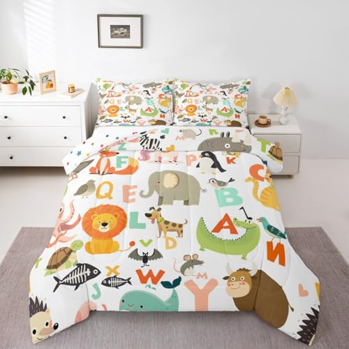 Image of Feelyou Kids Cartoon Wild Animals Bedding Set for Girls Boys Nursery Letter Comforter DecorWildlife Decor Comforter Set Nature Vibrant Colorful Duvet Set Twin Size Quilt Boys